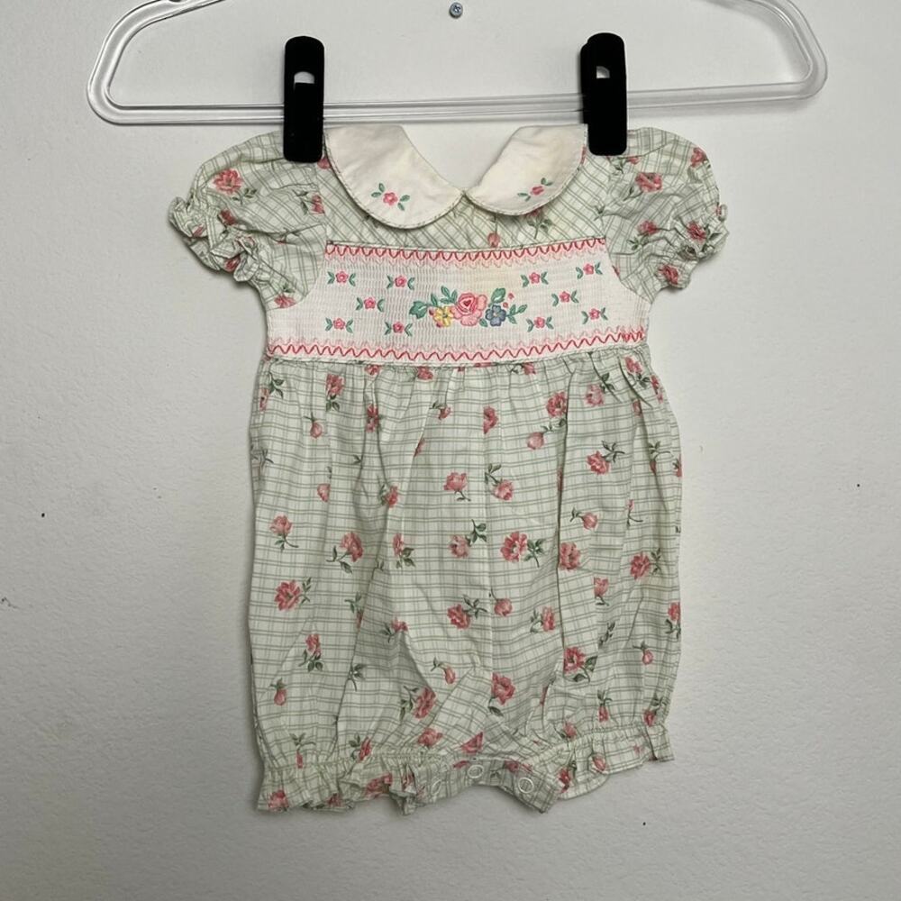 Vintage Baby Togs Floral Smocked Bubble Romper Green Pink 3-6 Months